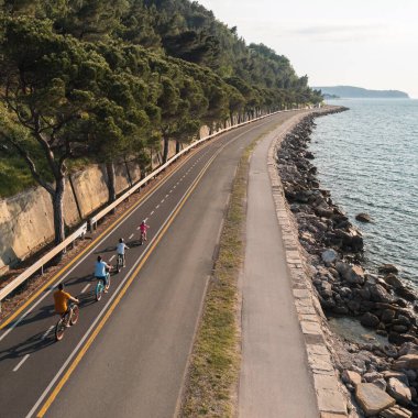 Family bike ride, two parents with a son and a daughter cycling on a flat asphalt path near the rocky sea shore, aerial shot