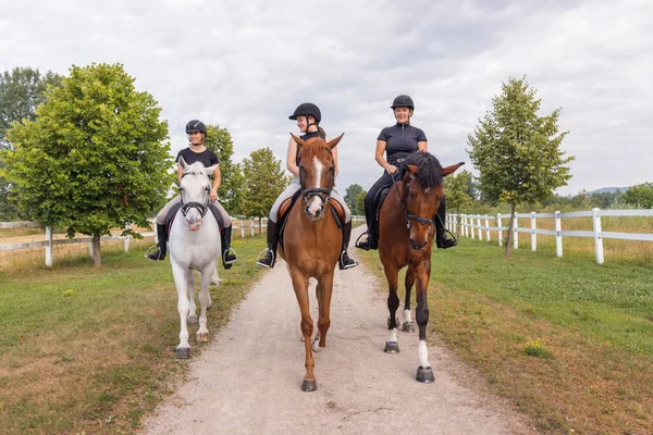 Τρεις Γυναίκες Ιππείς Ιππεύουν Άλογα Στο Μονοπάτι Έννοιες Ψυχαγωγικής Και — Φωτογραφία Αρχείου