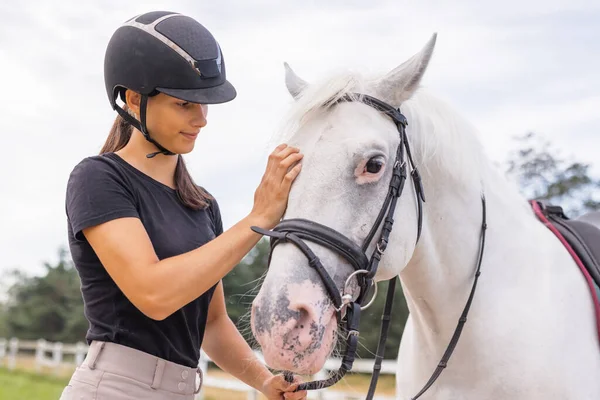 Stock image Woman with a black helmet stroking a beautiful chestnut horse head, close up shot. Human and animal relation concept.