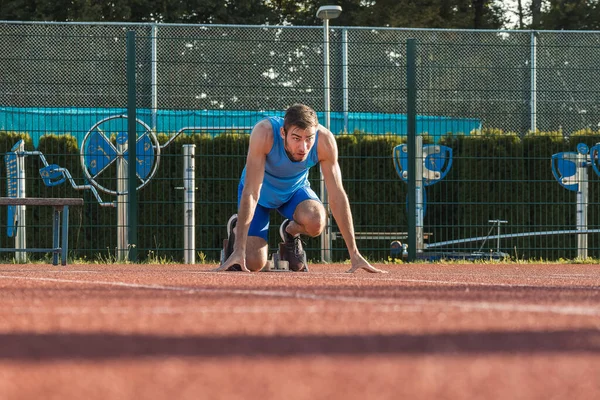 Front View Caucasian Male Sprinter Race Starting Position Hands Line — Stock Photo, Image