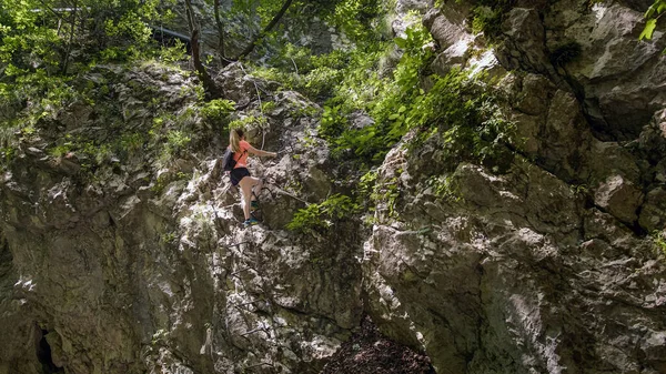 Female Hiker Climbing Metal Ladder Ridge Enjoying Active Vacation Beautiful — Zdjęcie stockowe
