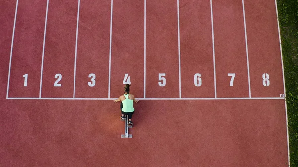 Caucasian Female Athlete Alone Athletic Track Sprint Running Line Four — Stock Photo, Image
