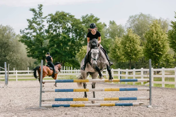 Stock image Girl on a dapple gray horse practicing jumping over a log fence in the drill hall of the equestrian center. Showjumping and eventing concepts.