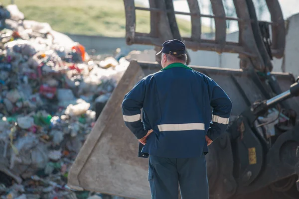 Recycling Center Worker Dark Blue Work Clothes Looking Unsorted Garbage — Fotografia de Stock