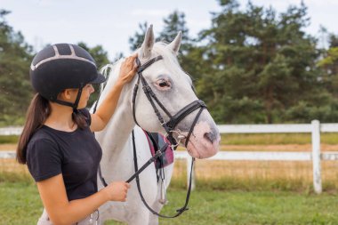 Siyah kasklı bir kadın kestane rengi at kafasını okşuyor, yakın çekim. İnsan ve hayvan ilişkileri kavramı.
