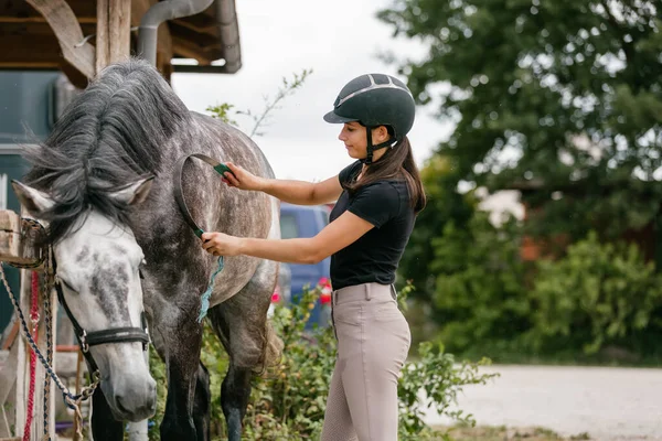 Jovem Mulher Lavando Seu Cavalo Uma Fazenda Após Passeio Verão — Fotografia de Stock