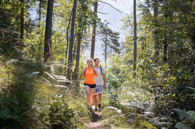 Sırt çantalı gülümseyen genç çift, yeşil bir ormanda yürüyüş yapan, yokuş yukarı yürüyen eğlence yürüyüşçüleri..