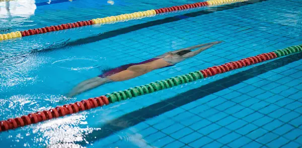 Successful professional female swimmer swimming butterfly stroke in the indoor lap pool, front view. Concept of determination and hard sports training.