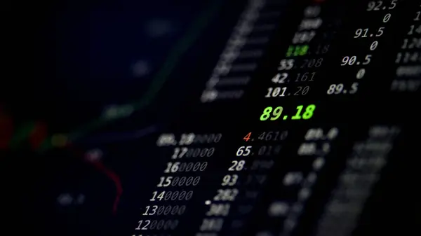 Cryptocurrency market trading platform on the computer monitor, prices rising and falling, close up shot. Crypto charts, business and finance concepts.