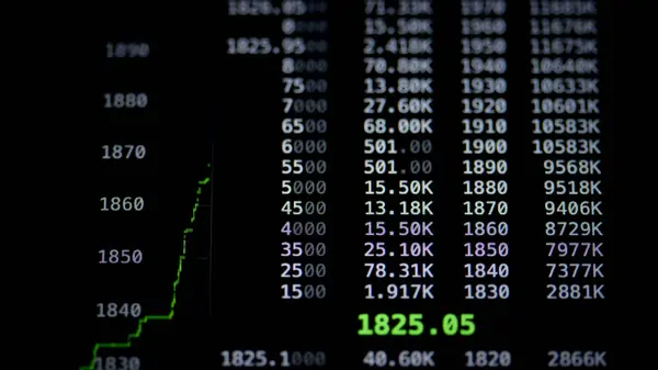 Cryptocurrency market trading platform on the computer monitor, prices rising and falling, close up shot. Crypto charts, business and finance concepts.