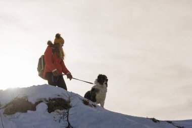 Kadınlar kışın köpeğiyle karlı dağda bir günlük doğa yürüyüşünden zevk alırlar.