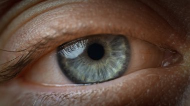 Güzel mavi göz kameraya bakıyor, makro yakın çekim görüntüsü. Bakış açısı, algı ve görüş kavramları.