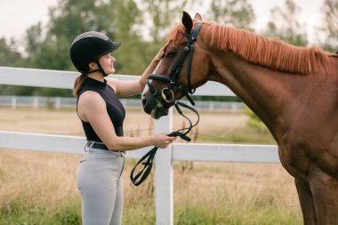Kadın binici el nazikçe okşuyor güzel, kırmızı at yelesi, yakın çekim. Eşya ve hayvan sever kavramı.