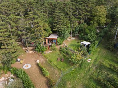 Tahta güverteli ve ormanda jakuzili göz alıcı bir kulübe. İHA atışı