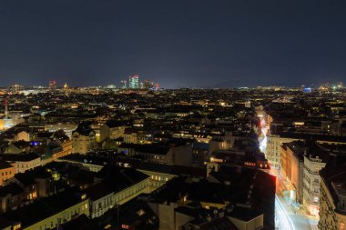 Viyana 'nın çatıları gece gökyüzünün altında ufuk boyunca uzanıyor. Şehir ışıkları parıldıyor. Binalar görkemli bir şekilde duruyor. Gün batımından sonraki canlı şehir manzarasını vurguluyorlar..