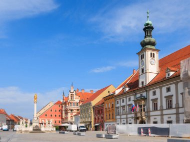 Main square in Maribor city, Slovenia with historic architecture and buildings