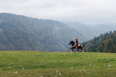 Dağ yabanda güzel siyah bir ata binen yetenekli bir kovboy kız.