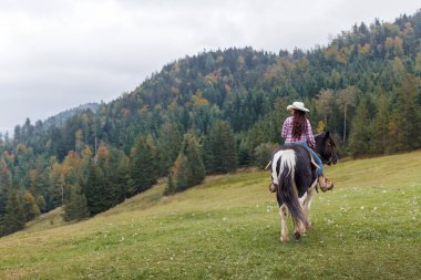 Kendine güvenen bir kovboy kızı sahnesinin özgün batı sahnesi. Hafif bir sis altında manzaralı dağ arazisinde at sürüyor.