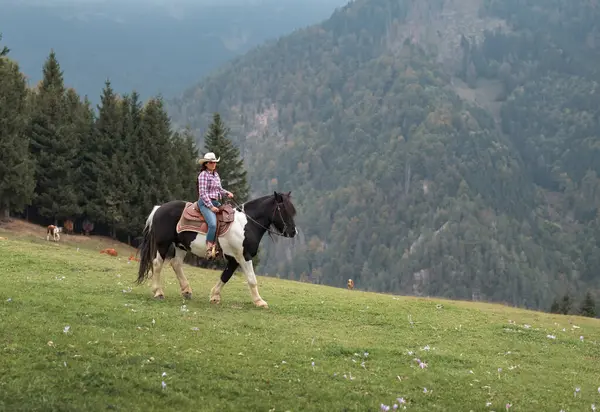 Kendine güvenen bir kovboy kızı sahnesinin özgün batı sahnesi. Hafif bir sis altında manzaralı dağ arazisinde at sürüyor.