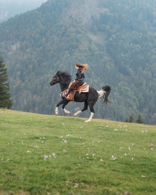Kendine güvenen genç bir kadın, özgürlük ve macera ruhuna sahip bir kovboy kız muhteşem siyah bir ata biniyor, nefes kesici dağ arazisinde.