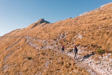 Aktif genç bir kadın ve bir erkek güneşli bir sonbahar gününde güzel bir dağ manzarasında yürüyüş yapıyorlar. Seyahat ve sırt çantası kavramları.