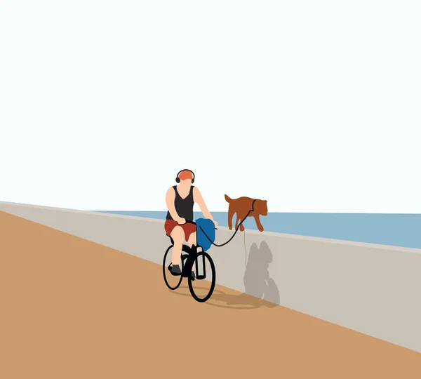 Человек Велосипеде Бегущей Собакой Парке Возле Реки Солнечный День Упражнения — стоковое фото