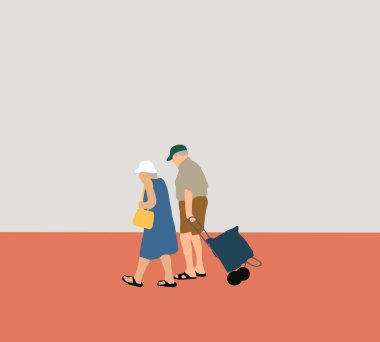 Alışveriş çantalı yaşlı bir turist şehirde sokakta dışarıda yürüyor. Seyahat ve turizm konsepti