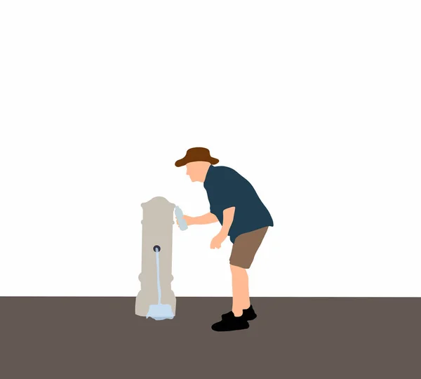 男は公衆飲料水噴水のタップから飲料水のボトルを補充します 旅行のコンセプト — ストック写真