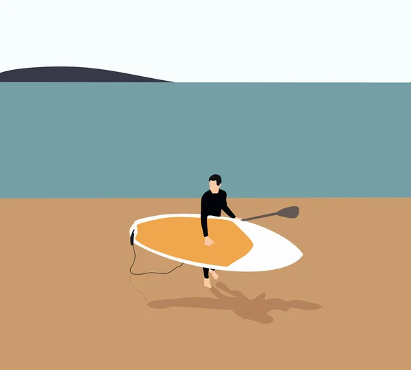 Человек Черном Гидрокостюме Держит Весло Доску Гуляя Пляжу Активный Отдых — стоковое фото