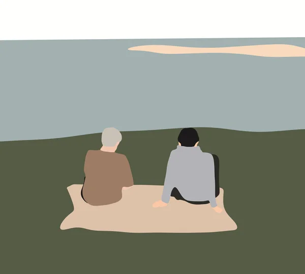 高齢者の退職年齢や息子の山に座って湖の背景と景観を見て — ストック写真