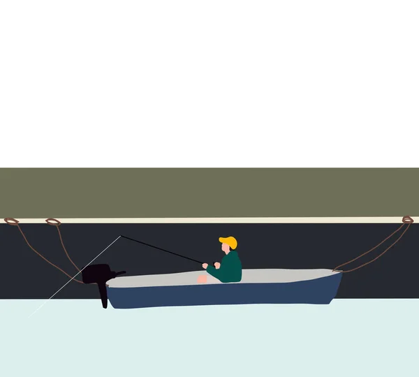 Человек Рыбачит Лодке Возле Пирса Озеро Деревянным Пирсом Рыбаком Лодке — стоковое фото