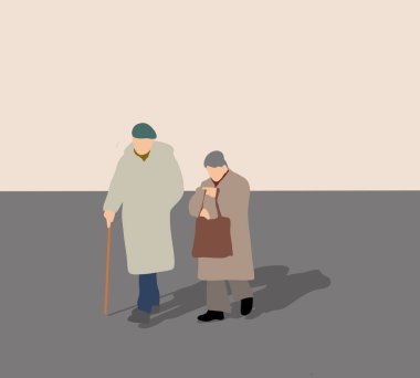 Sokakta yürüyen yaşlı bir çift. Yıldönümü, fotokopi odasıyla mutlu bir emeklilik. Romantik ve yaşlı sağlıklı yaşam tarzı konsepti.
