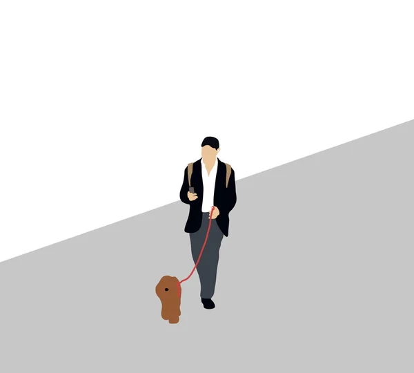 Businessman using mobile phone and walking with his dog on leash in the morning. City urban lifestyle.