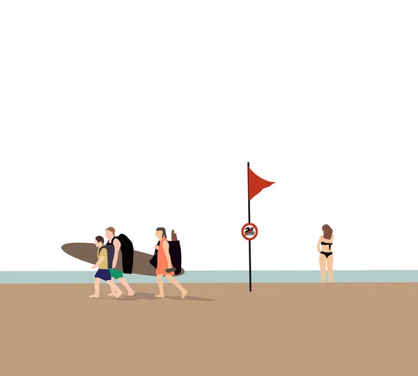 Plaży Nie Wolno Pływać Czerwoną Flagą Ludzie Spacerujący Deską Surfingową — Zdjęcie stockowe