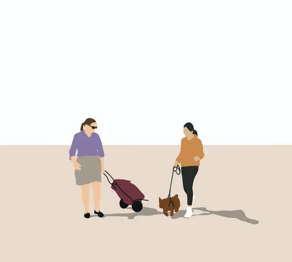 Two woman walking and talking on the street with dog and shopping bags during holiday vacation