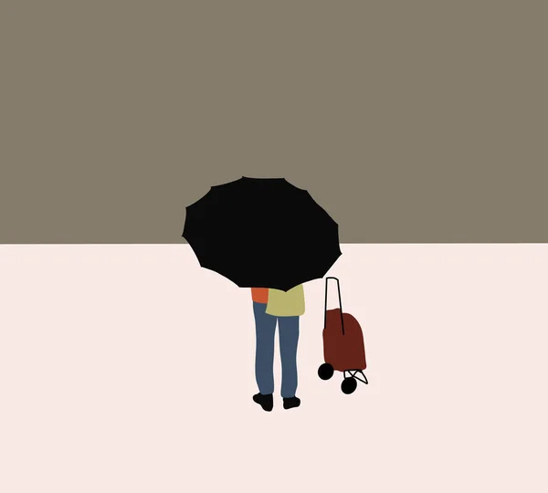 Man traveler drag luggage and holding black umbrella having cheerful holiday vacation trip.