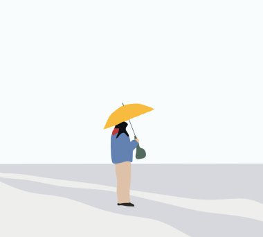 Woman with yellow umbrella wearing seasonal clothes and walking on street in rain, snowfall. Enjoying outdoor on holiday vacation.