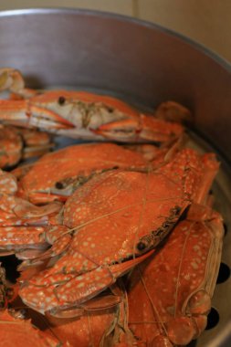 Steamed crab eating with spicy chili seafood dipping sauce. Thai style, seafood. Texture background with copy space for text