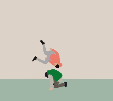 Two man dancing breakdance performance, b boy show. Street artist dancer outdoors. Enjoyment of passers-by and tourists