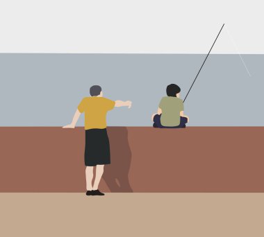 Father teaching son fishing with rods in calm lake waters with landscape. Family travelling, active vacation.