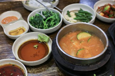 Doenjang soup or bean paste soup on table. Korea traditional food.