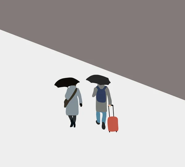 Tourist Man and woman traveler drag luggage and holding black umbrella having cheerful holiday vacation trip.