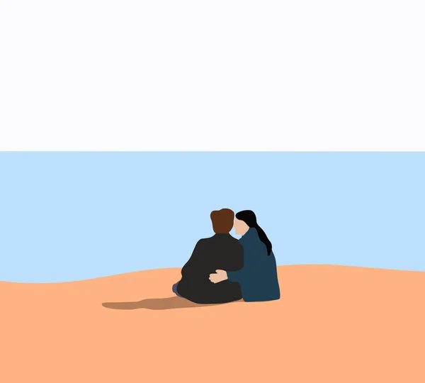 ロマンチックなカップルは熱帯のビーチで抱き合って座っている彼らの休暇の時間を楽しんでいます 夏休み旅行 — ストック写真