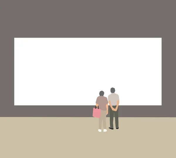 老人和妇女看着街上空白的白色广告墙 贴在建筑物外墙上的空白广告牌 — 图库照片
