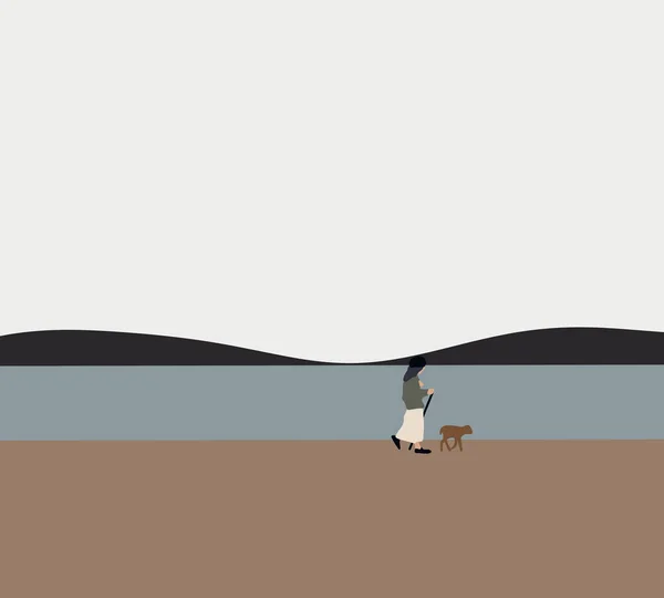 Женщина Гуляет Собакой Пляже Веселитесь Отпуске Играйте Песке Моря Активный — стоковое фото