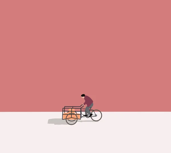 Άνθρωπος Καροτσάκι Ποδηλάτου Παραδίδει Αγαθά Ροζ Δρόμο Ταχυμεταφορέας Ταξιδεύει Φορτηγό — Φωτογραφία Αρχείου