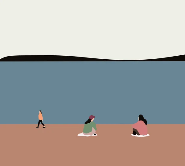 Frauen Strand Urlaub Sommerstrand Mit Freunden Meer Genießen Schöne Aussicht Stockfoto