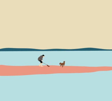 Sabahları sahilde köpekle oynayan bir adam. Köpeğinizle yaz tatili, evcil hayvan dostu gezi ve açık hava macera yaşam tarzı..