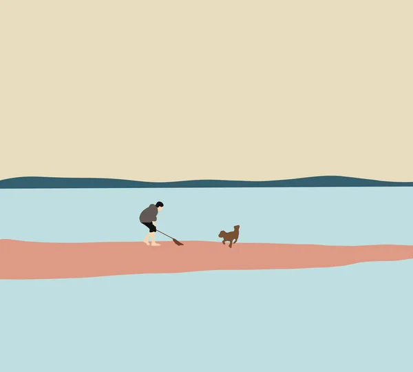 男は午前中にビーチで犬と遊ぶ 夏の楽しいサーフィン休暇あなたの犬 ペットフレンドリーな旅行とアウトドアアドベンチャーライフスタイル — ストック写真