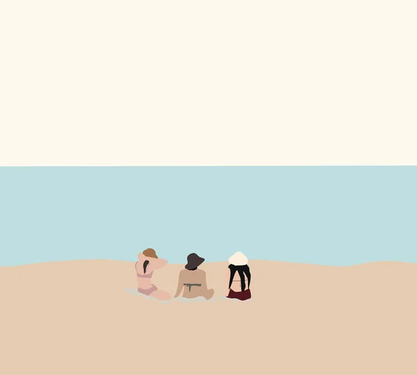 Mulher Com Amigo Sentado Praia Biquíni Tomando Banho Sol Enquanto — Fotografia de Stock